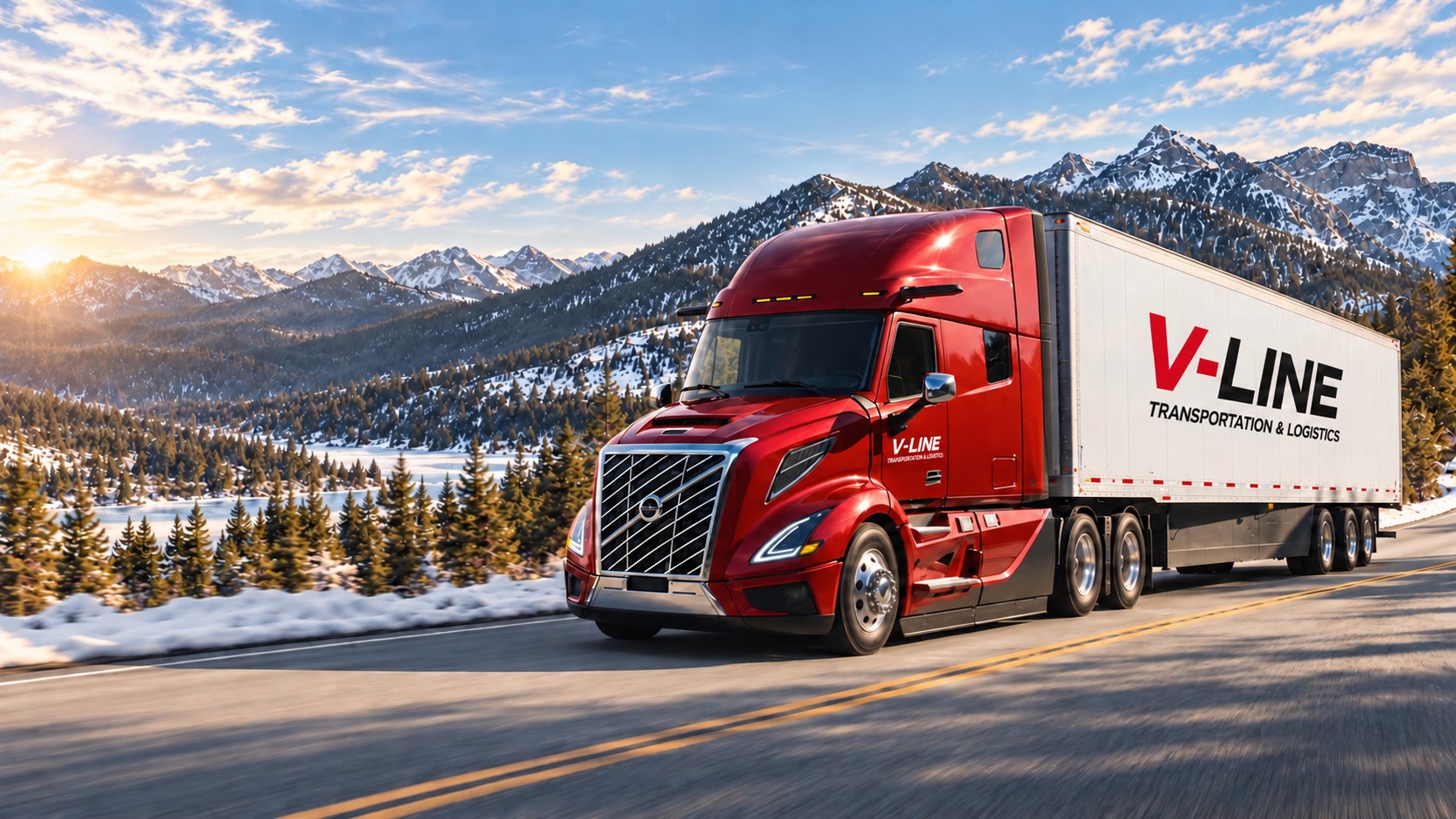 Advertising illustration of a new red Volvo VNL on an American highway