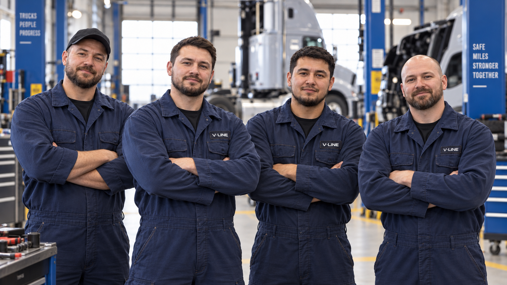 Illustration of a mechanics team in a truck workshop